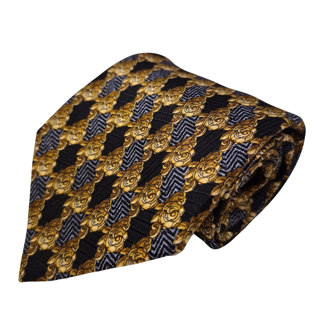 Ermenegildo Zegna Necktie Mens Black Gold Floral Rose Chevron Silk Tie‎ Italy